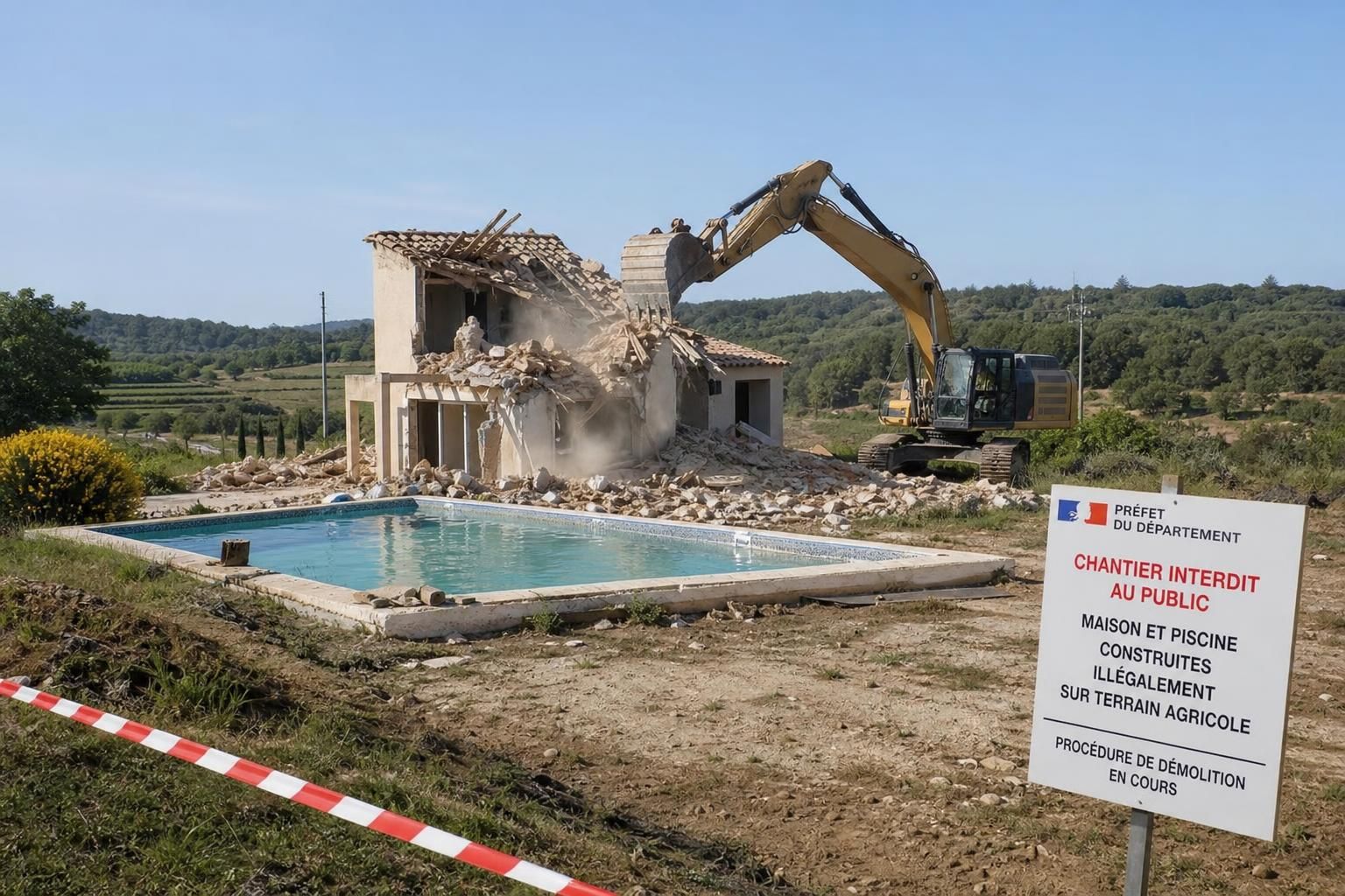 après 15 ans, l'état fait démolir une maison avec piscine construite illégalement sur un terrain agricole, illustrant la lutte contre l'urbanisation sauvage.